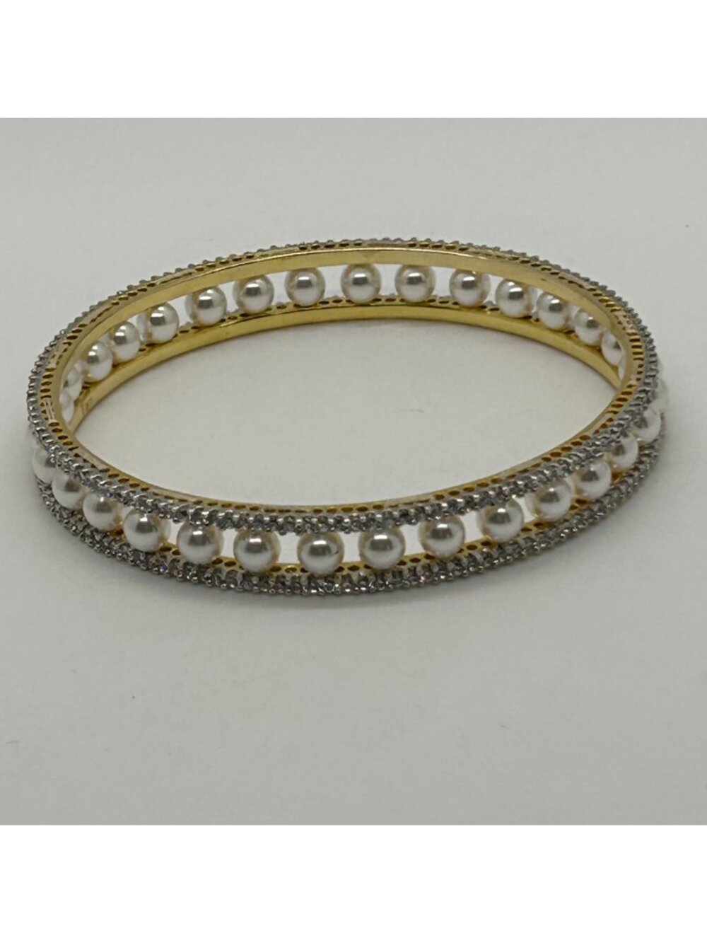 Gold Pearl Crystal Pavé Hinged Bangle Bracelet Wedding Bridal Prom Formal